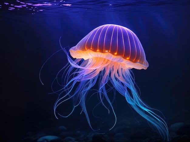 Świecące głębinowe meduzy promieniujące piękno w ciemności podwodnego tła ai generatywnego
