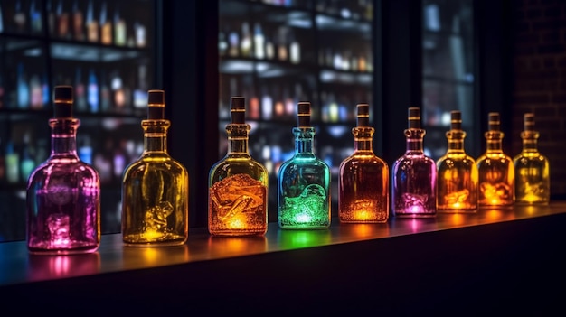 świecące kolorowe butelki z rzędu