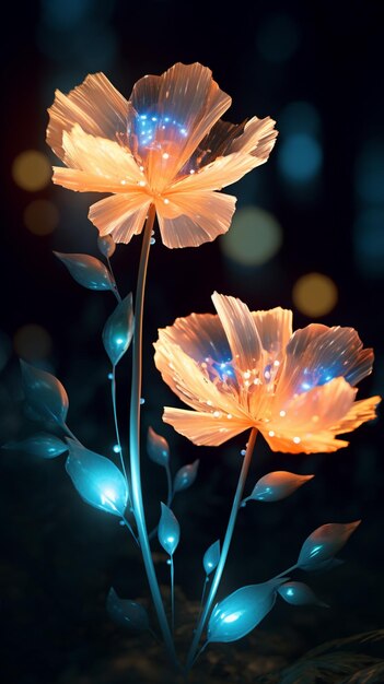 świecące kwiaty z jasnymi światłami na ciemnym tle