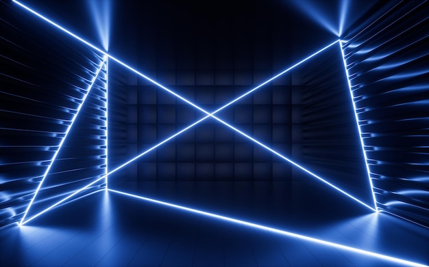 Świecące linie neonowe i losowo ułożone kostki w renderowaniu 3d w ciemnym pokoju
