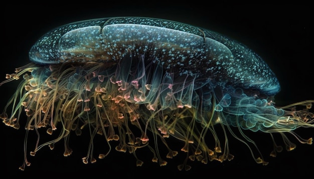 Świecące macki lewitują w ciemnoniebieskiej wodzie generowanej przez sztuczną inteligencję