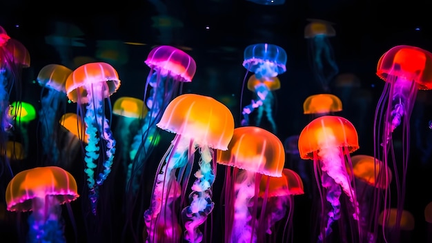 świecące meduzy morskie na ciemnym tle grafika wygenerowana przez sieć neuronową Sieć neuronowa wygenerowana w maju 2023 r. Nie jest oparta na żadnej rzeczywistej scenie ani wzorze