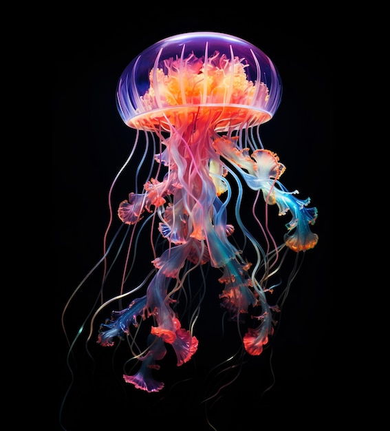 Świecące meduzy pływają głęboko w fantazji neonowej meduzy błękitnego morza na czarnym tle
