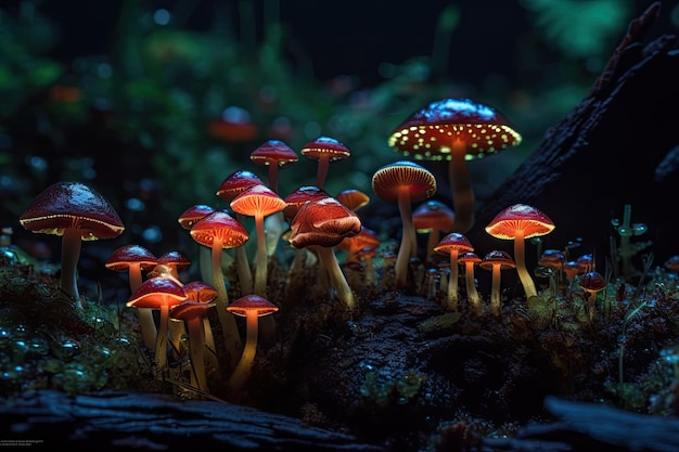 Świecące mistyczne grzyby rosnące w różnych widokach z kamery