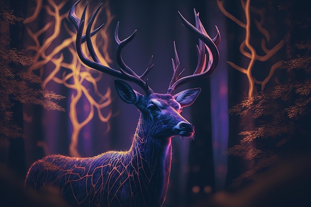 Świecące mitologiczne jelenie z bliska zdjęcie w ciemnym lesie