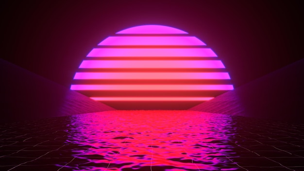 Świecące neonowe słońce z odbiciami w powierzchni wody. Abstrakcyjne tło, fale, ultrafiolet, żywe kolory widma, pokaz laserowy. ilustracja renderowania 3d
