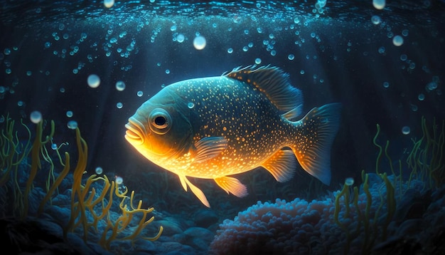 Świecące ryby w wodzie w nocy z jasnym światłem pod spodem i generatywną sztuczną inteligencją koralowców