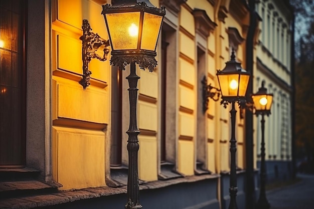 Świecące stare oświetlenie latarni ulicznych na fasadzie domu