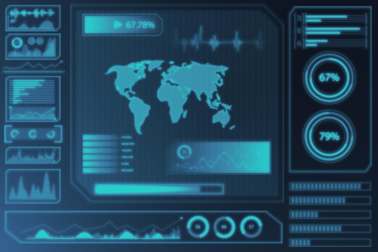 Zdjęcie świecące tapeta interfejsu cyfrowego biznesu z kulą ziemską i wykresami spy hud i koncepcja świata renderowanie 3d