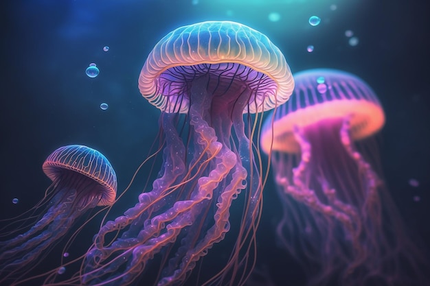 Świecące trujące oceaniczne meduzy podwodne Generacyjna sztuczna inteligencja
