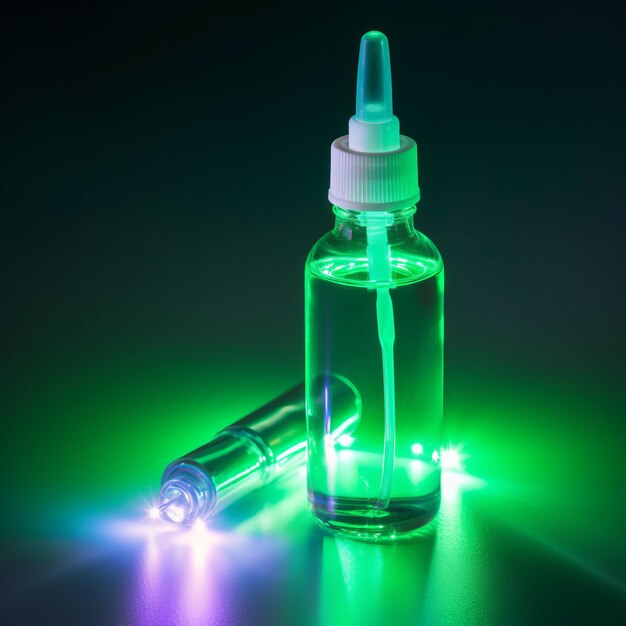 Świecące zielone światło wewnątrz szklanej butelki medycznej
