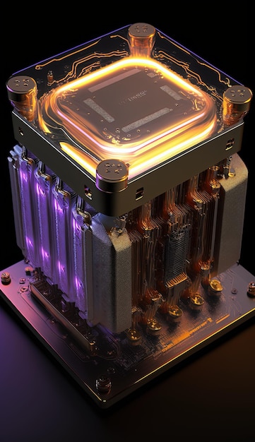 Świecący, chłodzony cieczą, futurystyczny, hiperszybki komputerowy procesor. Generatywna sztuczna inteligencja