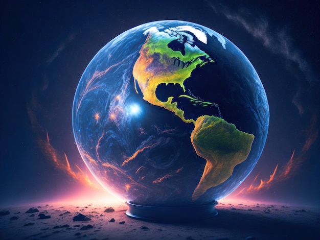 Świecący Glob Planeta Ziemia Świat jest w naszych rękach Blue Global Business Generative AI