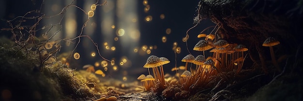 Świecący grzyb fantasy w magicznej, zaczarowanej bajkowej leśnej sztucznej inteligencji