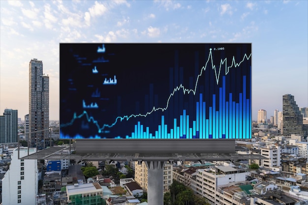 Świecący hologram wykresu FOREX na billboardzie z lotu ptaka panoramiczny pejzaż Bangkoku o zachodzie słońca Handel akcjami i obligacjami w Azji Południowo-Wschodniej Pojęcie zarządzania funduszem