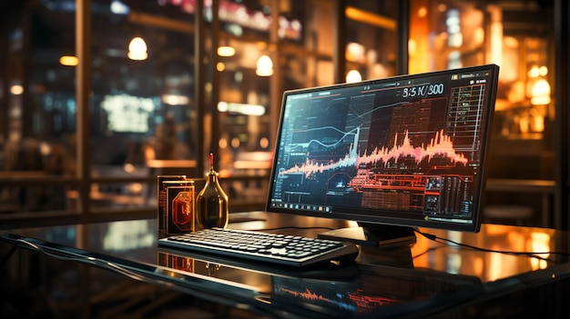 Świecący monitor komputera wyświetla dane finansowe dotyczące handlu