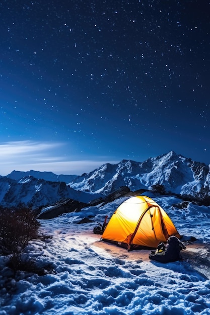 Świecący namiot w śnieżnych górach w gwiazdistą noc