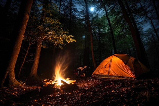 Świecący namiot z ogniskiem w ciemnym lesie