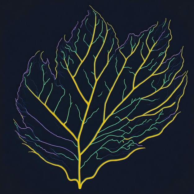Świecący neonowy liść tropikalny, którego kolory promieniują w ciemności, renderowane w sposób fotorealistyczny