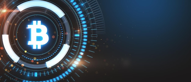 Świecący niebieski hologram bitcoina na ciemnym tle z makietą miejsca Finanse biznesowe i koncepcja kryptowaluty Renderowanie 3D
