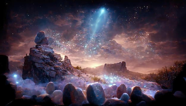 Świecący portal pod rozgwieżdżonym niebem z błyszczącymi kamieniami