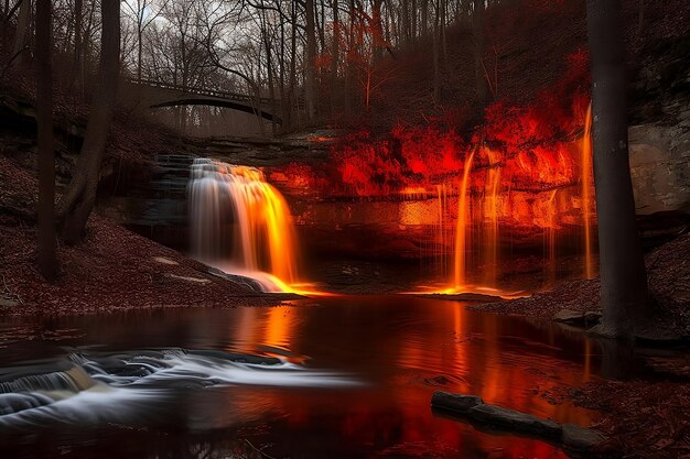 Świecący wodospad w jesiennym krajobrazie