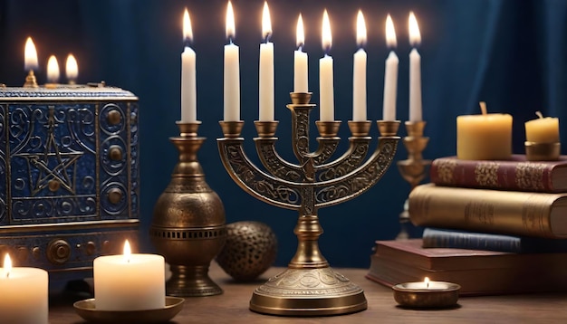 Zdjęcie Świece hanukkah kompozycja przedmioty na święta religijne święto tradycji żydowskich