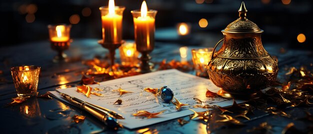 Zdjęcie Świece i notatka siedzą na stole z świecą
