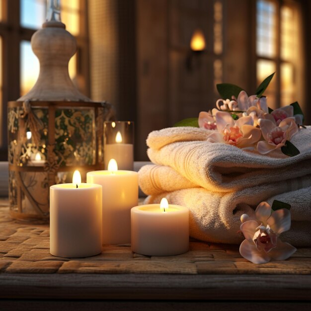 świece i ręczniki na stole z kwiatami i latarnią generatywną ai