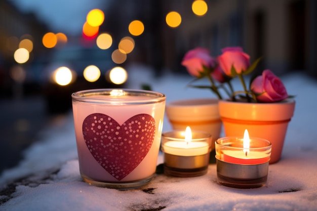 świece i świeca w kształcie serca są na zaśnieżonej ulicy