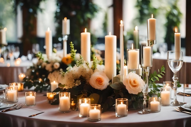 Świece na stole z kwiatami i świecami