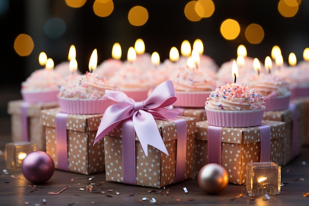 Świece płoną na ciastko różowym prezentem owiniętym wstążką radosna scena urodzinowa