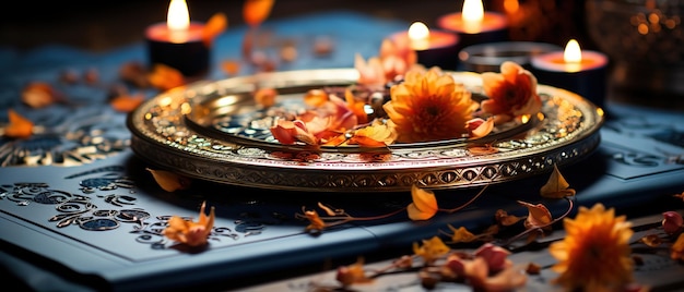 Zdjęcie Świece są zapalone i siedzą na stole z talerzem liści