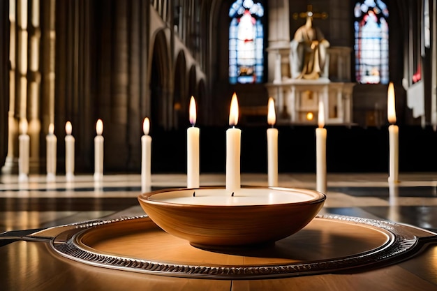 Zdjęcie Świece w kościele z drewnianą miską na stole