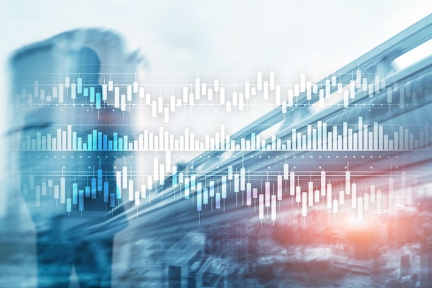 Świece wykres diagram wykres giełda handel inwestycje biznes finanse koncepcja media mieszane podwójna ekspozycja wirtualny ekran