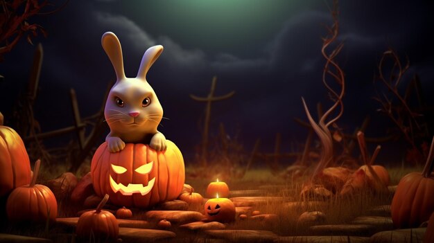 Zdjęcie Świece z dyni i uroczy królik na przerażającym tle halloween
