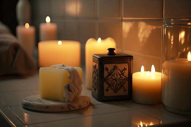 Świece zapachowe we wnętrzu łazienki przy świecach wśród mydeł generatywnych ai