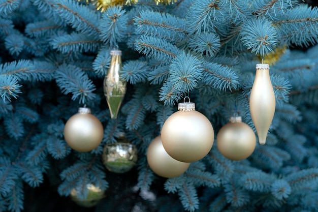 świerkowe gałęzie ozdobione świątecznymi dekoracjami