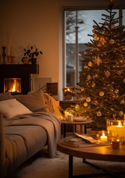 Święta Bożego Narodzenia komfort przytulny kanapę kąt oświetlony przez świece i światła drzewa generatywny ai