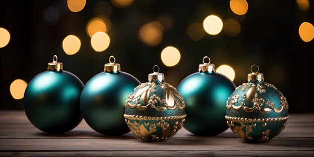 Zdjęcie Święta bożego narodzenia przybycie święta święta baner kartka powitalna złote ciemnozielone ozdoby bożonarodzeniowe na drewnianym stole z światłami bokeh w tle
