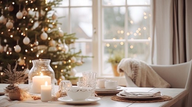 Święta Bożego Narodzenia rodzina śniadanie ustawienie stołu dekoracja i świąteczny krajobraz stołu angielski kraj i dom styl