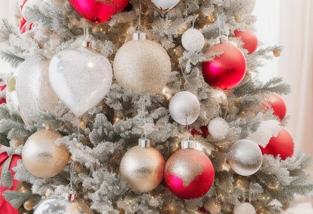Święta Bożego Narodzenia w tle srebrna i kolorowa bombka zwisająca z ozdobionej na drzewie z bokeh