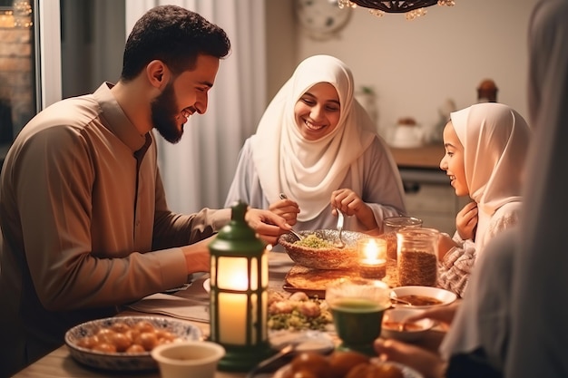 Święta Jedność Radosna muzułmańska rodzina turecka wspólnie świętuje iftar