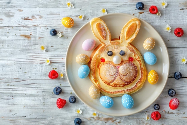 Święta Wielkanocne dzieci 39s śniadanie naleśniki w kształcie królika wielkanocnego z jagodami