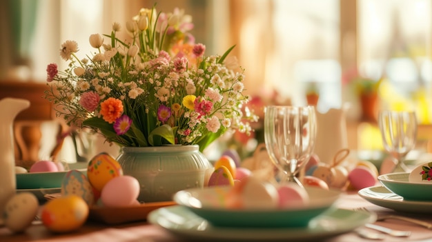 Święta Wielkanocne serwowane ustawienie stołu z malowanymi jajkami bukiet kwiatów w pokoju