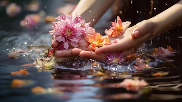 Święte kwiaty unoszące się w rękach dziewcząt w wodzie