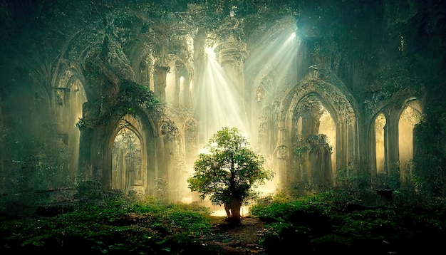 święte święte drzewo rośnie w ruinach starożytnej katedry, zaklętych jedenastu tajemniczych lasów
