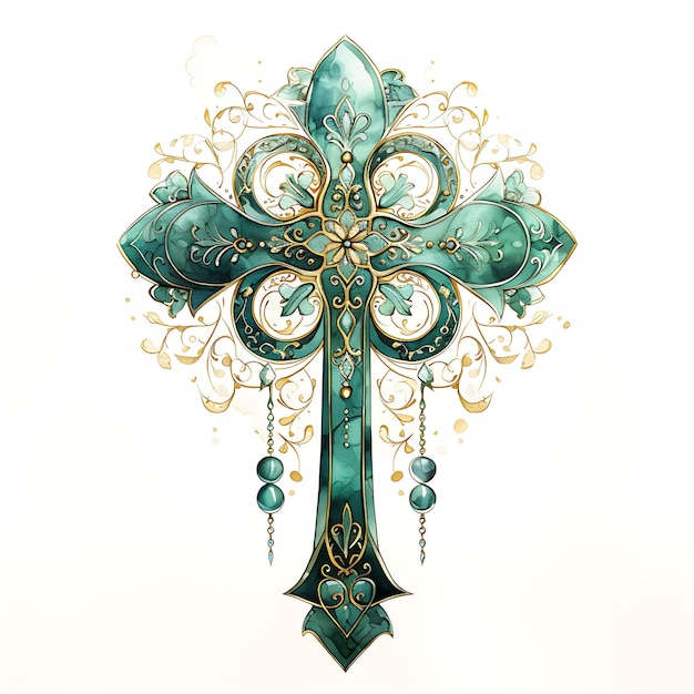 Zdjęcie Święte symbole święty krzyż jadeitowy materiał z wygrawerowanym symbolem szczęśliwej niedzieli palmowej ramka akwarelowa
