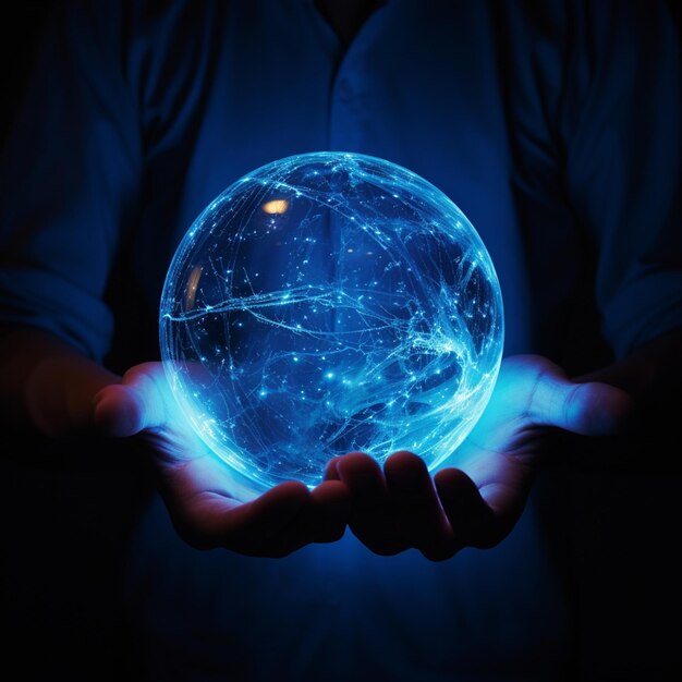 Świetla niebieska sfera trzymana przez ludzką rękę