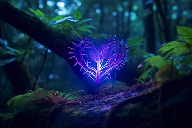 Świetląca roślina bioluminescencyjna w kształcie ludzkiego serca w tajemniczym lesie Generatywna sztuczna inteligencja
